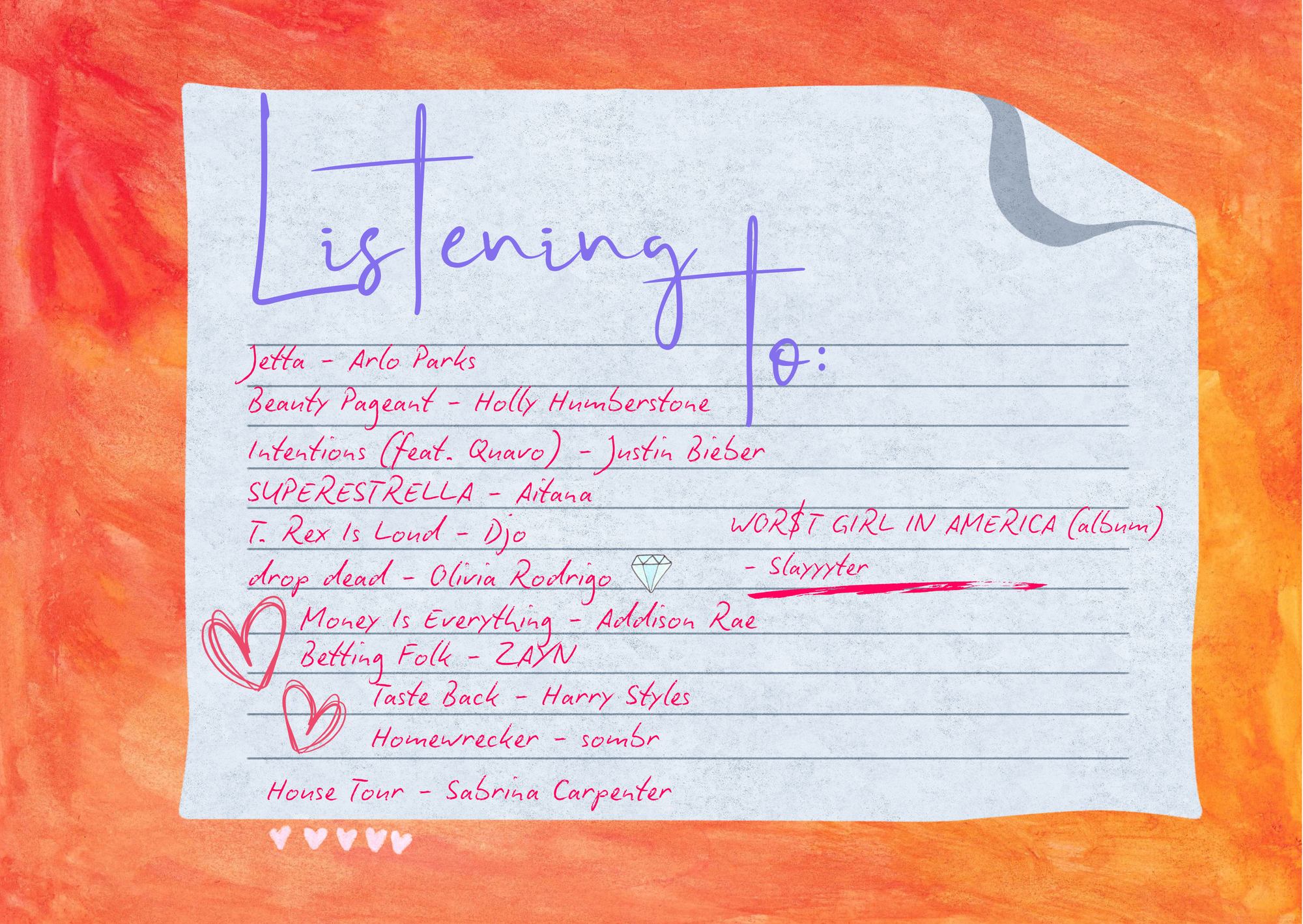 handwritten "listening to" playlisst