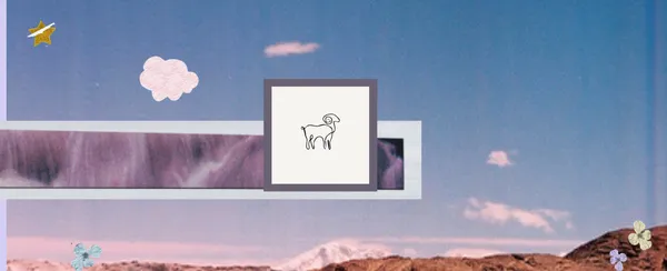 Collage with a hand drawn ram doodle (Aries) and some flowers and clouds